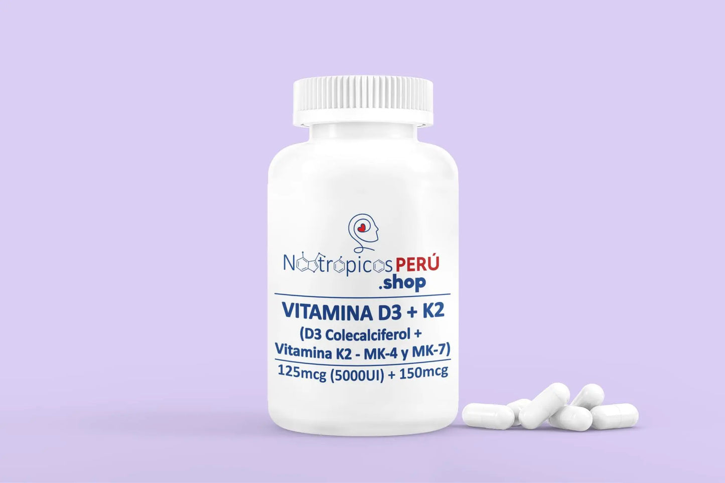 Vitamina D3 125mcg (5000UI) + Vitamina K2 150mcg - 100 cápsulas Nootrópicos Perú